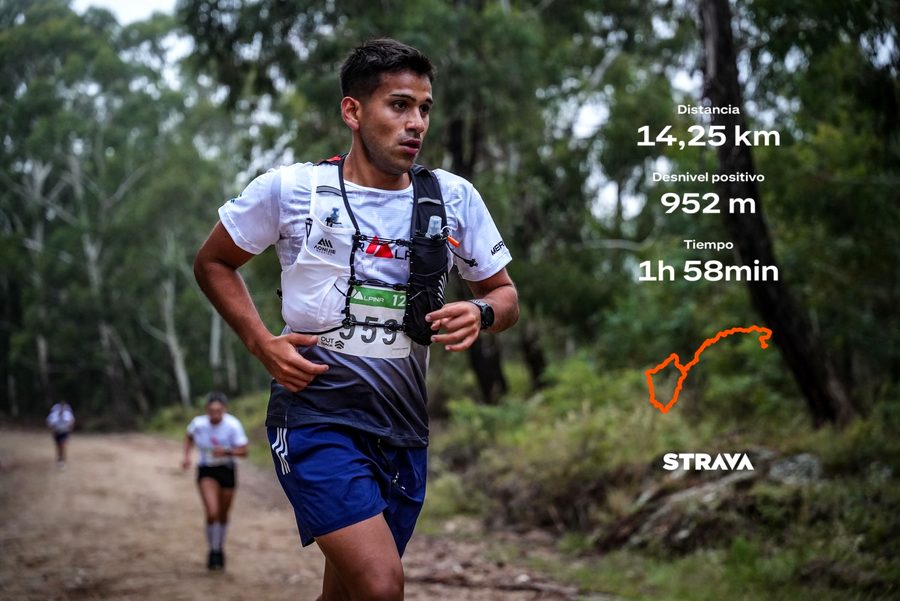 Franco corriendo la Ultra Alpina con chaleco de hidratación, con sus datos de Strava: 14,25 km, 952 m de desnivel, 1 h 58 min